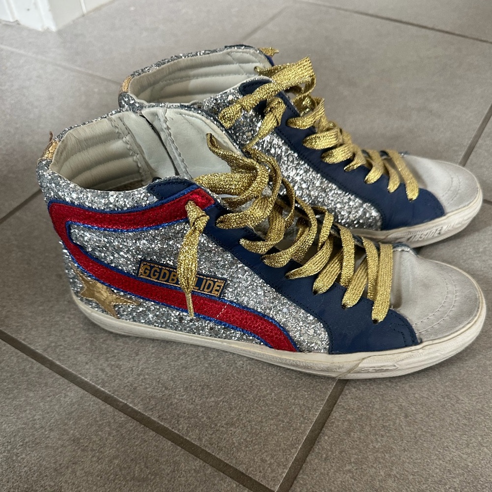Golden Goose Silver Glitter, gold, red and Navy slide High-Tops sneakers 38